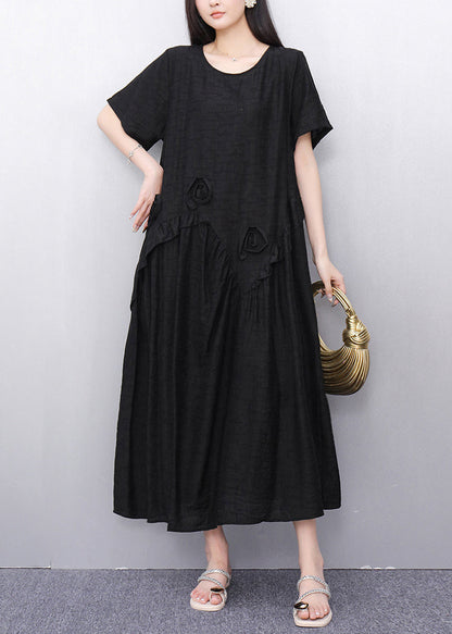 Black O-Neck Solid Long Dress Short Sleeve