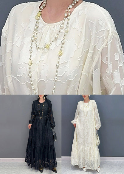 Black O-Neck Tulle Maxi Dresses Lantern Sleeve