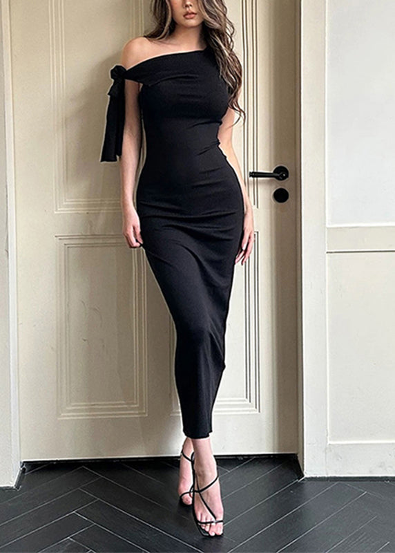 Black One Shoulder Solid Maxi Dress Sleeveless