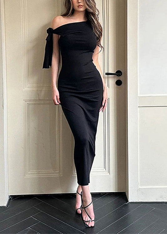 Black One Shoulder Solid Maxi Dress Sleeveless