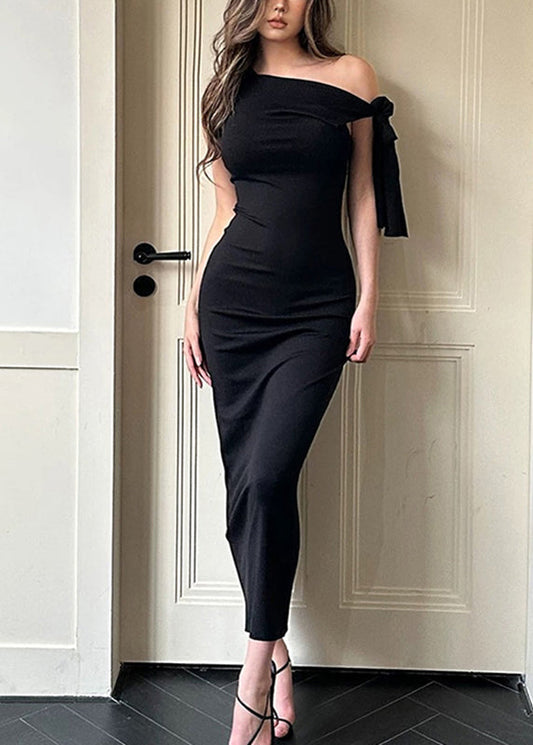 Black One Shoulder Solid Maxi Dress Sleeveless