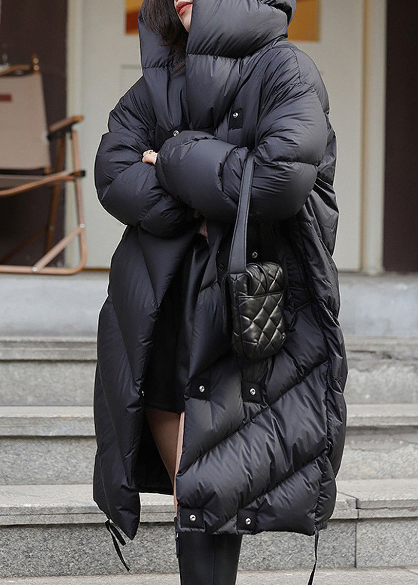 Black Original Design Button Winter Duck Down Down Coat Hooded