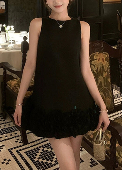 Black Original Design Solid Cotton Mini Dresses O Neck Summer