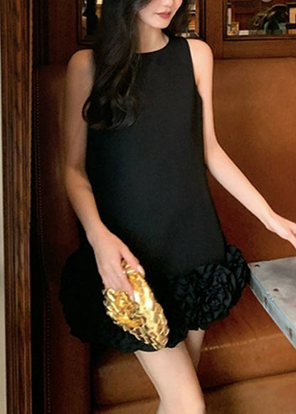 Black Original Design Solid Cotton Mini Dresses O Neck Summer