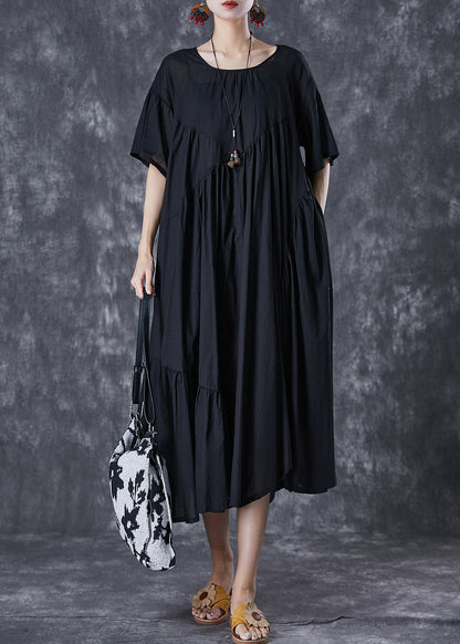 Black Oversized Cotton Dresses Asymmetrical Wrinkled Flare Sleeve