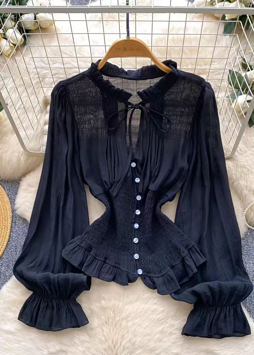Black Patchwork Cotton Blouse Top Ruffled Wrinkled Summer