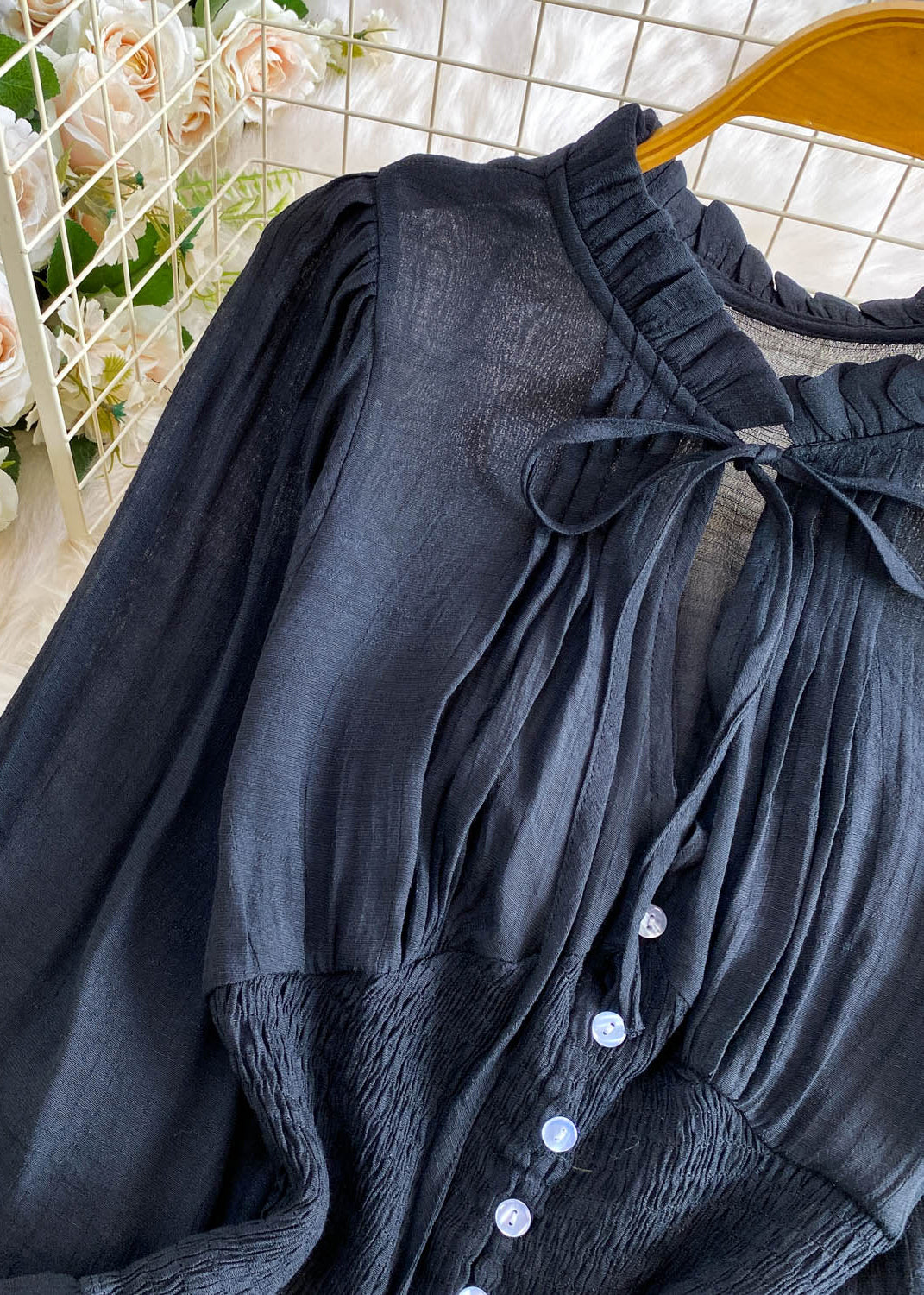 Black Patchwork Cotton Blouse Top Ruffled Wrinkled Summer