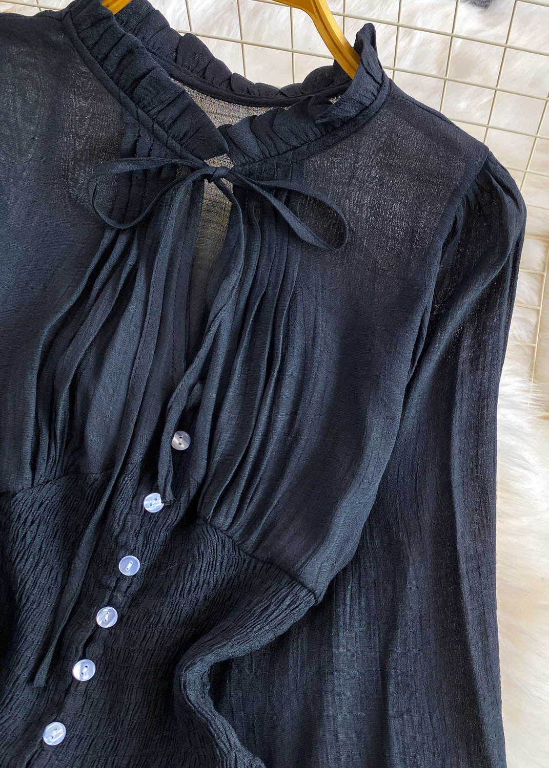 Black Patchwork Cotton Blouse Top Ruffled Wrinkled Summer