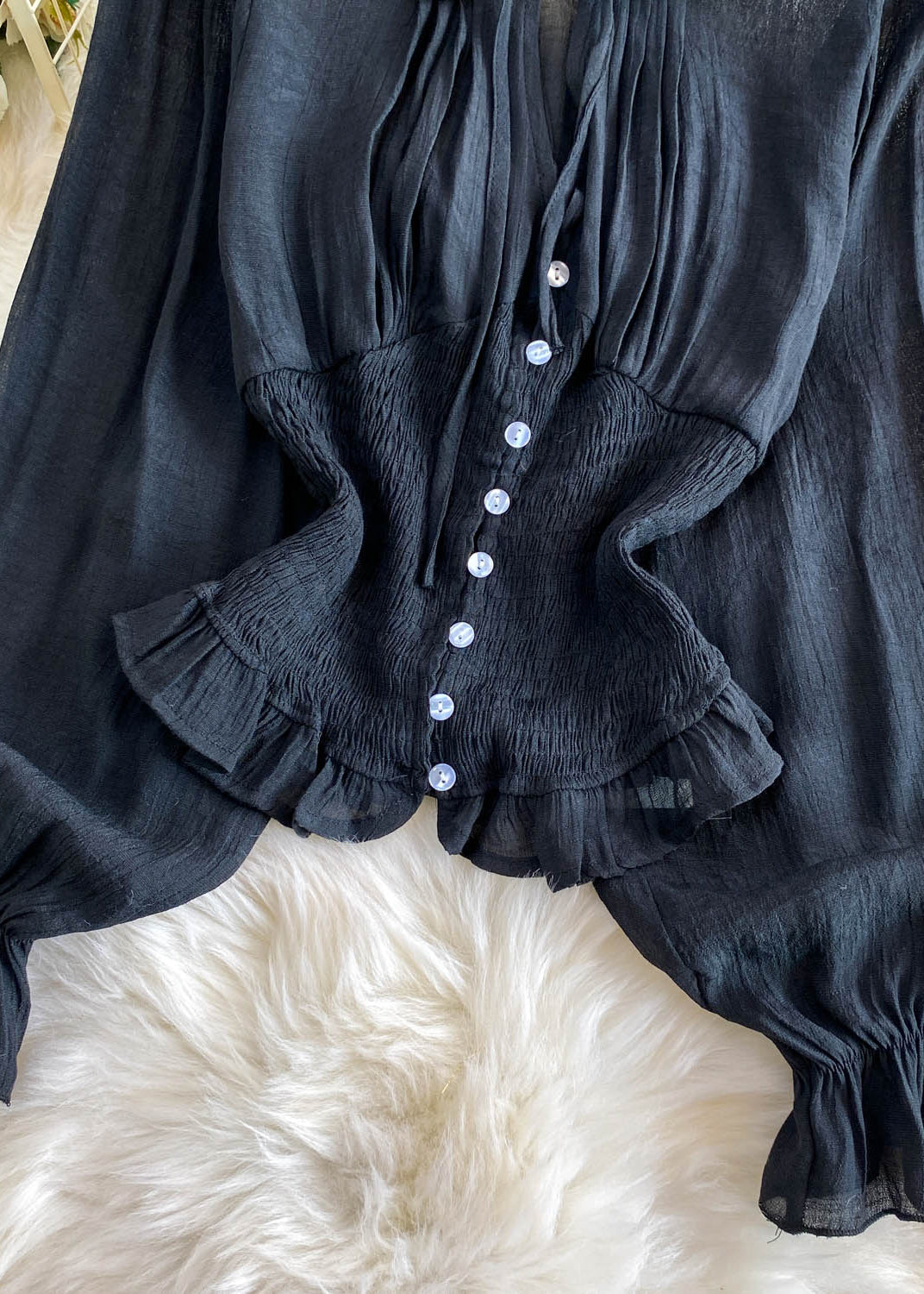 Black Patchwork Cotton Blouse Top Ruffled Wrinkled Summer