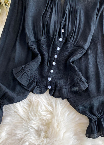 Black Patchwork Cotton Blouse Top Ruffled Wrinkled Summer