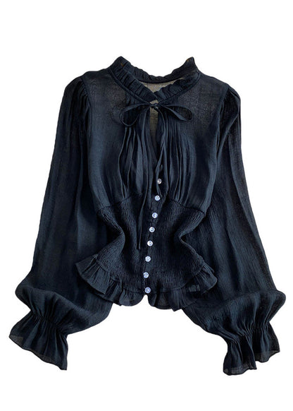 Black Patchwork Cotton Blouse Top Ruffled Wrinkled Summer