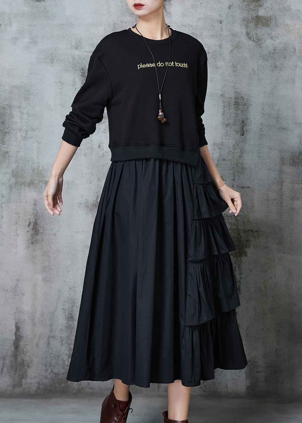 Black Patchwork Cotton Sweatshirt Dress Layered Ruffled Spring