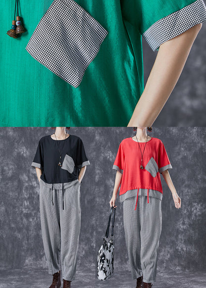 Black Patchwork Cotton Two Piece Suit Set Drawstring Plaid Summer