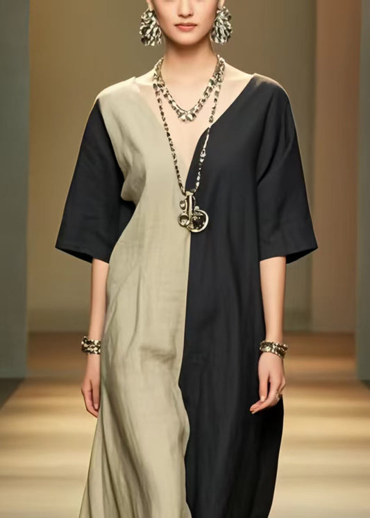 Black Patchwork Cotton Vacation Dresses Asymmetrical Summer