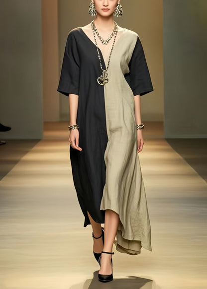 Black Patchwork Cotton Vacation Dresses Asymmetrical Summer