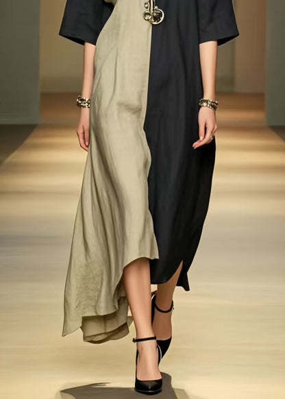 Black Patchwork Cotton Vacation Dresses Asymmetrical Summer
