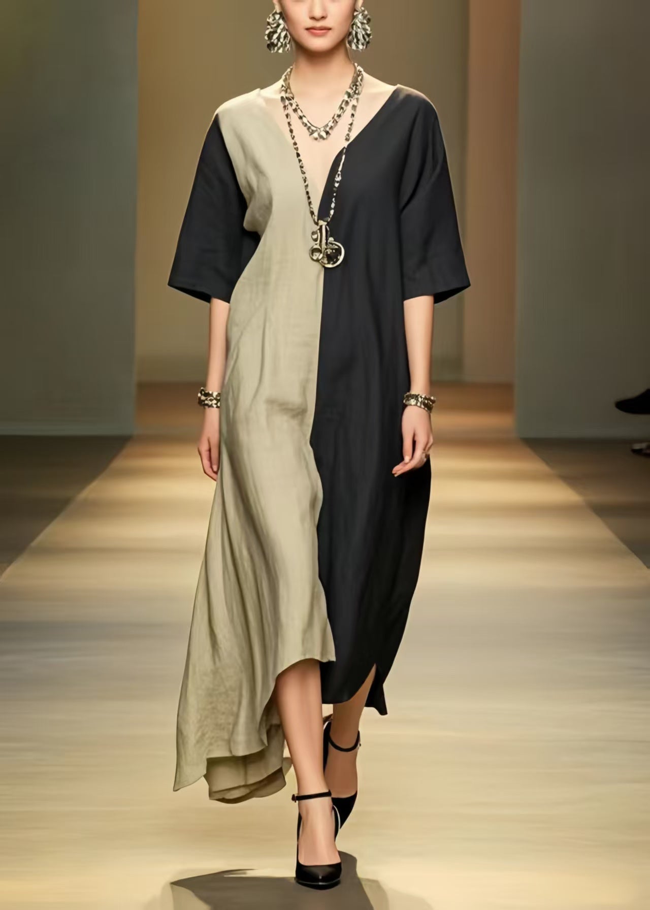 Black Patchwork Cotton Vacation Dresses Asymmetrical Summer