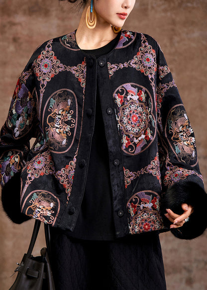Black Patchwork Fine Cotton Filled Jackets Embroidered Mink Hair Winter