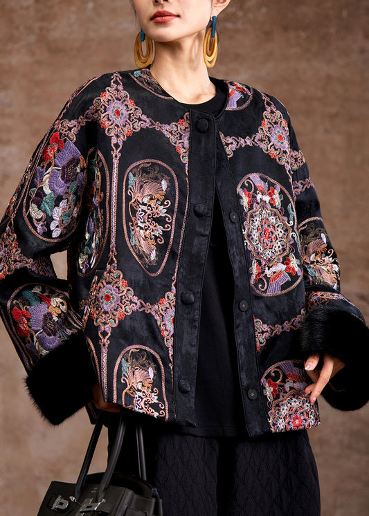 Black Patchwork Fine Cotton Filled Jackets Embroidered Mink Hair Winter