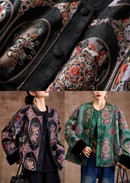 Black Patchwork Fine Cotton Filled Jackets Embroidered Mink Hair Winter