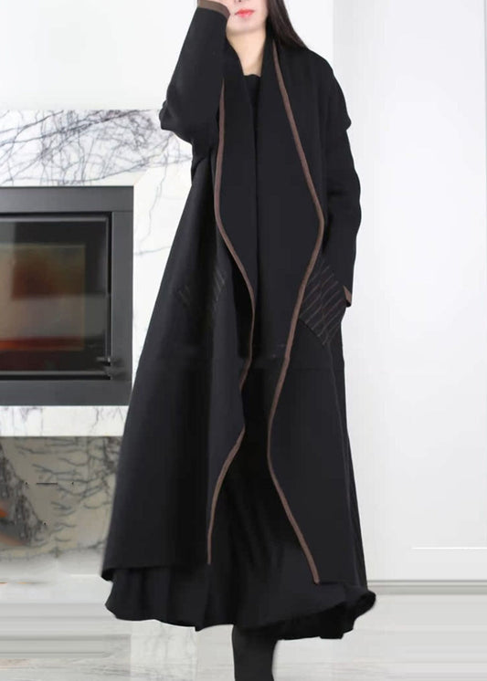 Black Patchwork Knit Coat Outwear Peter Pan Collar Striped Winter