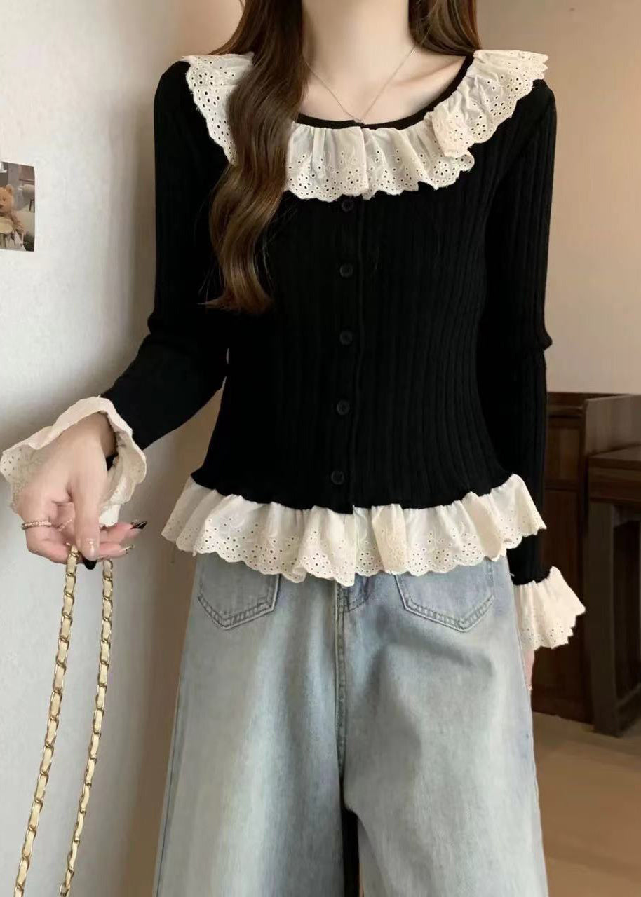 Black Patchwork Knit Sweaters Ruffled Flare Sleeve