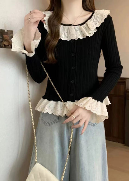 Black Patchwork Knit Sweaters Ruffled Flare Sleeve