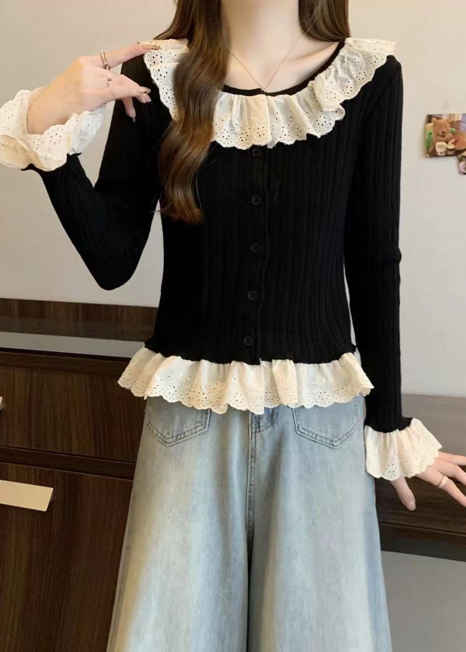 Black Patchwork Knit Sweaters Ruffled Flare Sleeve