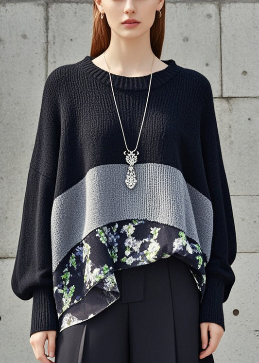 Black Patchwork Knitted Tops Oversized Print Fall