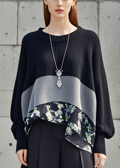 Black Patchwork Knitted Tops Oversized Print Fall