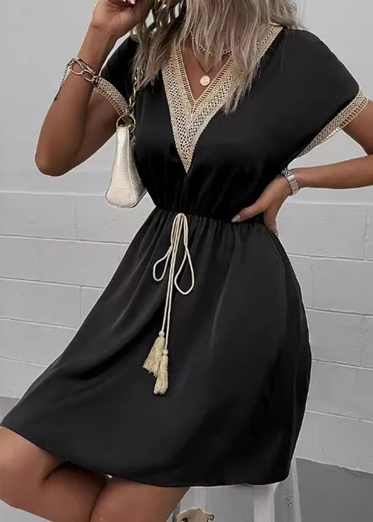 Black Patchwork Lace Dress V Neck Tie Waist Summer