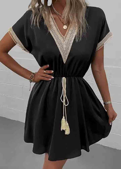 Black Patchwork Lace Dress V Neck Tie Waist Summer