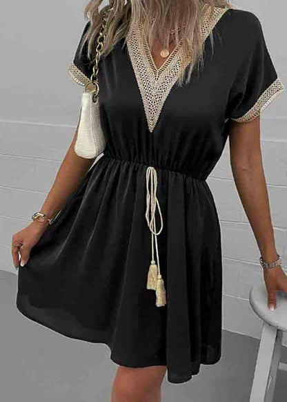 Black Patchwork Lace Dress V Neck Tie Waist Summer