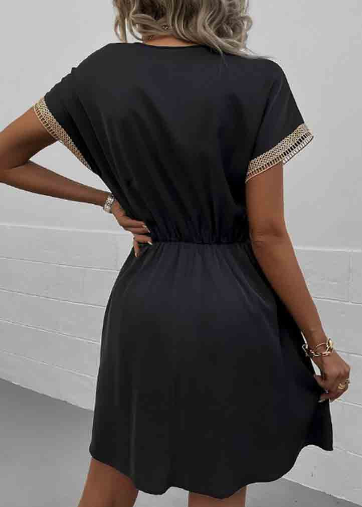 Black Patchwork Lace Dress V Neck Tie Waist Summer