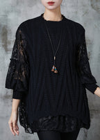 Black Patchwork Lace Knit Tops Oversized Spring
