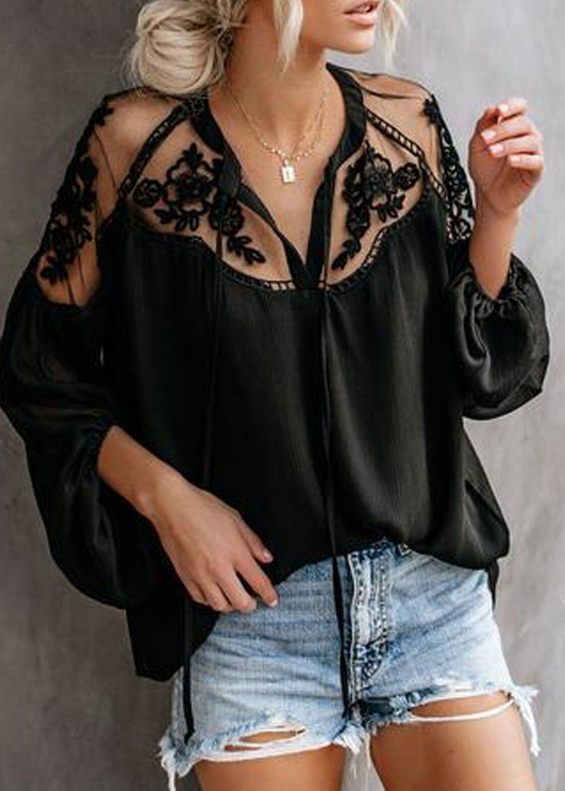 Black Patchwork Lace Sheer Shirts Oversized Summer