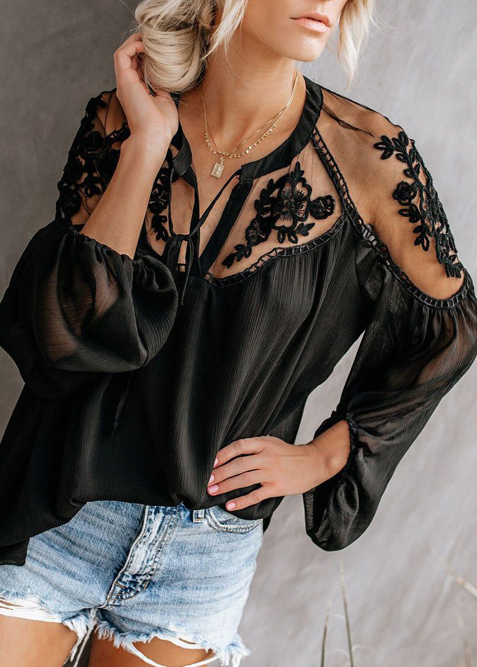 Black Patchwork Lace Sheer Shirts Oversized Summer