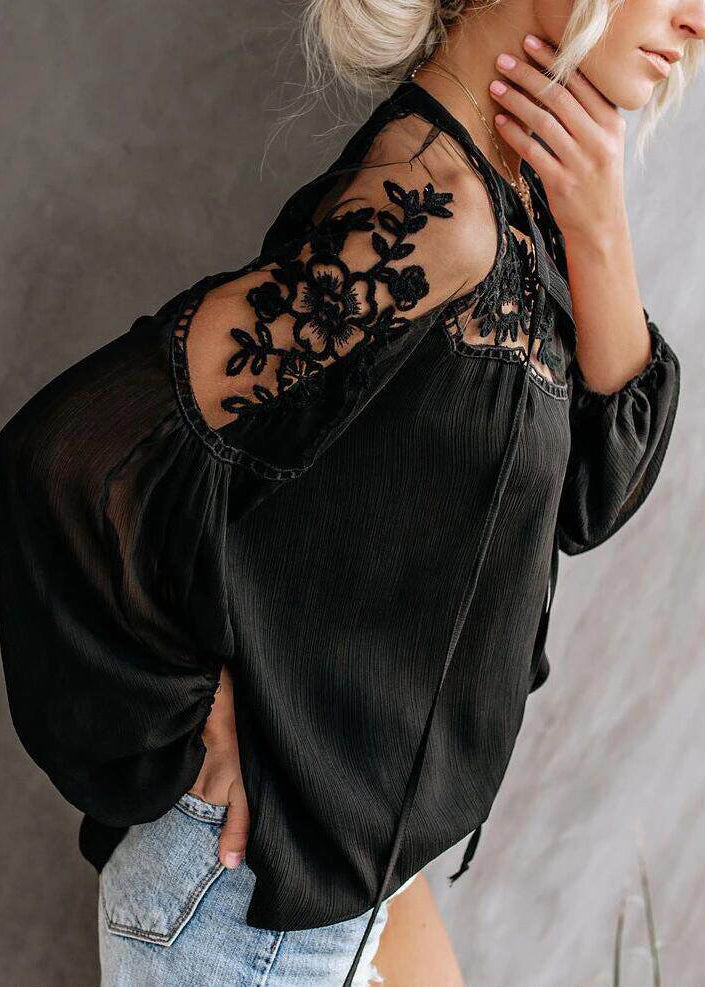 Black Patchwork Lace Sheer Shirts Oversized Summer