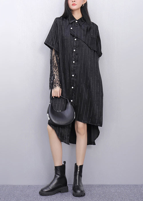 Black Patchwork Lace Striped Shirt Dress Asymmetrical Summer