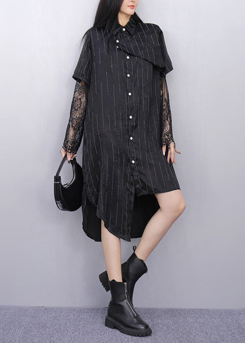 Black Patchwork Lace Striped Shirt Dress Asymmetrical Summer