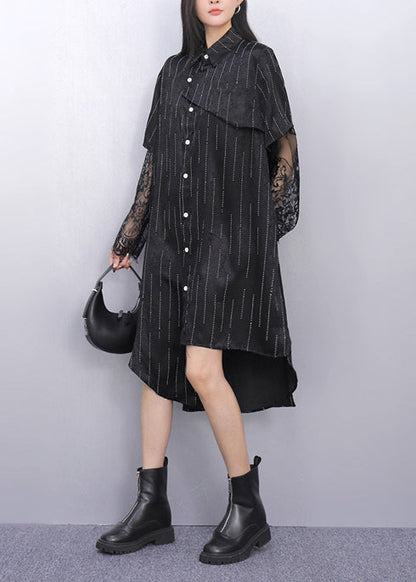 Black Patchwork Lace Striped Shirt Dress Asymmetrical Summer