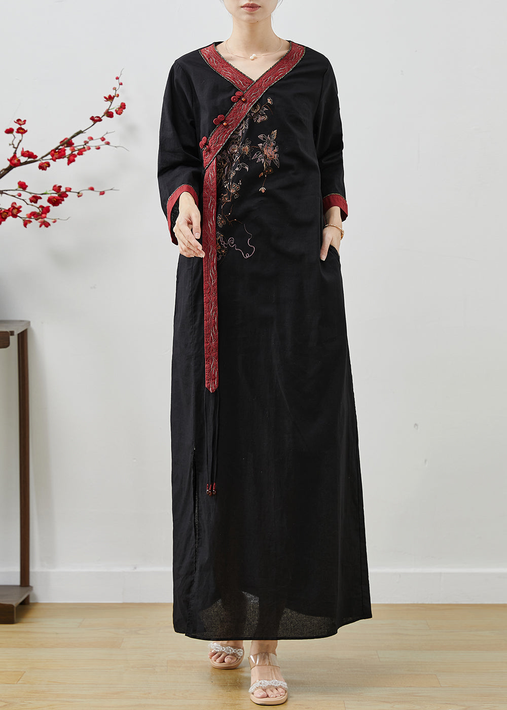 Black Patchwork Linen Robe Dresses Embroidered Side Open Summer