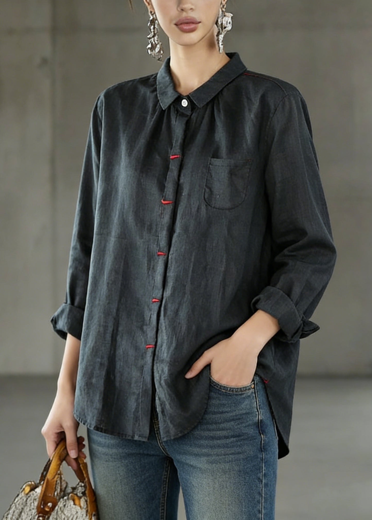 Black Patchwork Linen Shirt Peter Pan Collar Embroideried Spring