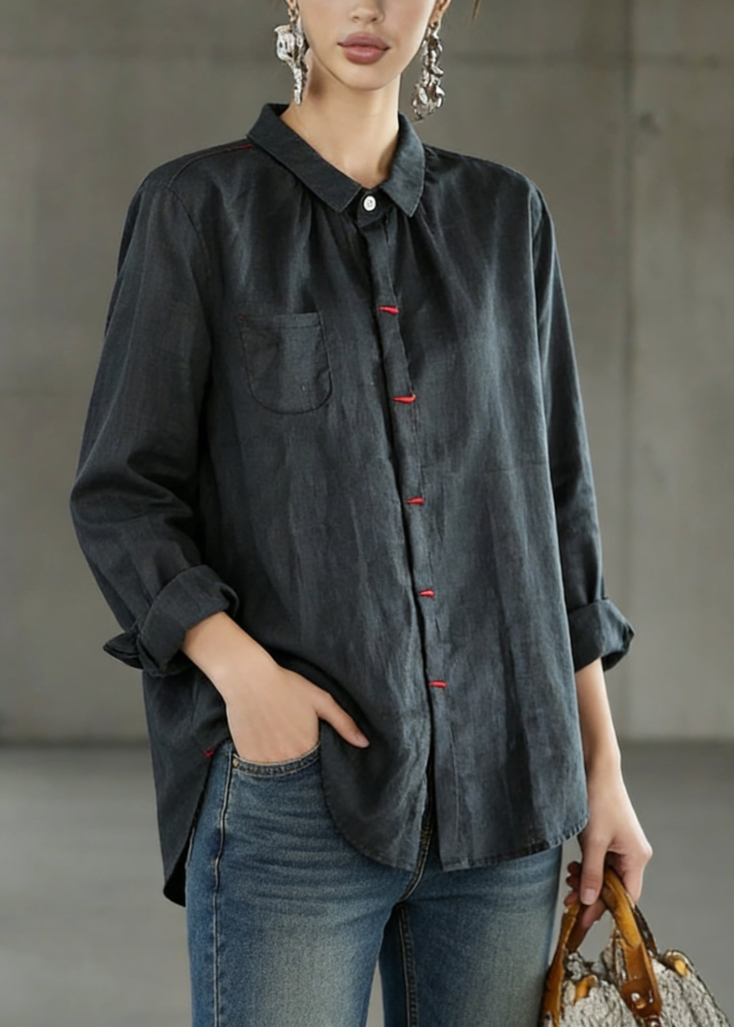 Black Patchwork Linen Shirt Peter Pan Collar Embroideried Spring