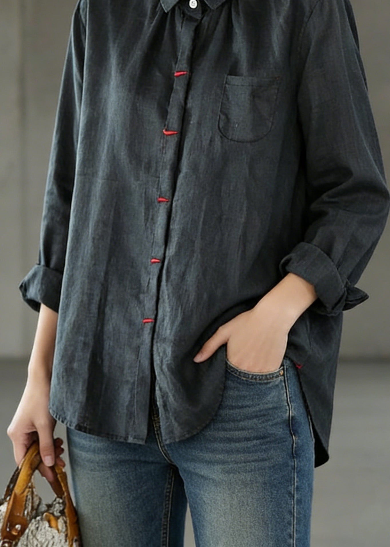 Black Patchwork Linen Shirt Peter Pan Collar Embroideried Spring