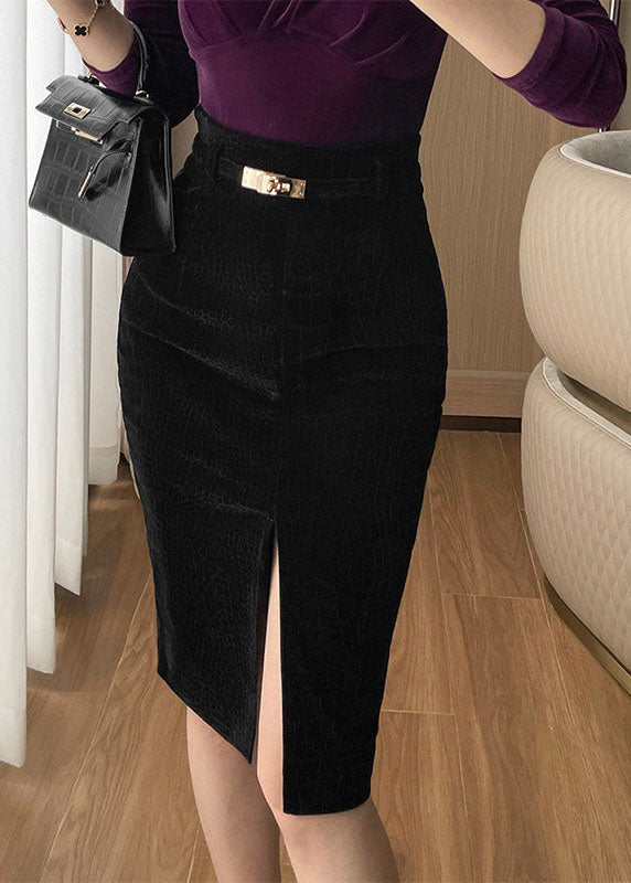 Black Patchwork Side Open Silk Velvet Skirt