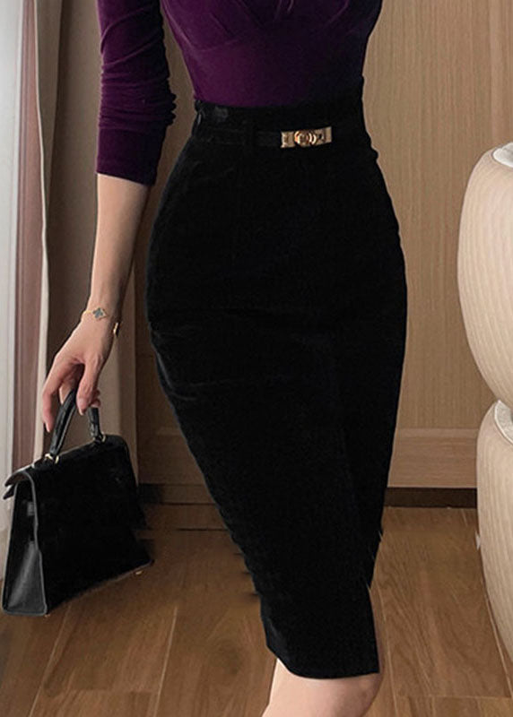 Black Patchwork Side Open Silk Velvet Skirt