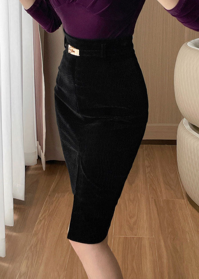 Black Patchwork Side Open Silk Velvet Skirt