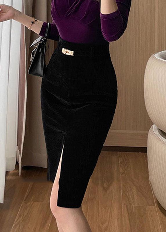 Black Patchwork Side Open Silk Velvet Skirt