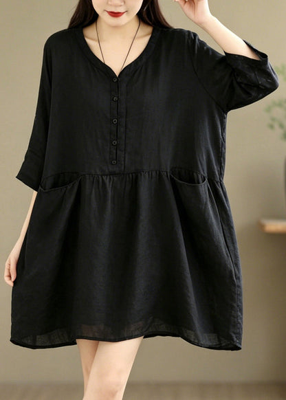 Black Patchwork Solid Mid Dress Half Sleeve